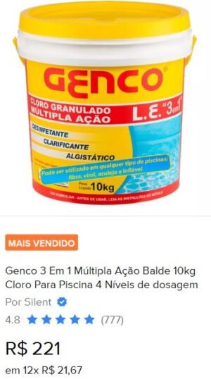 Genco 3 Em 1 Múltipla Ação Balde 10kg Cloro Para Piscina 4 Níveis de dosagem