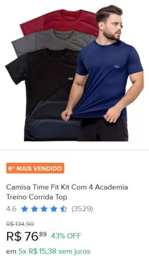 Camisa Time Fit Kit Com 4 Academia Treino Corrida Top