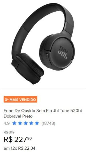 Fone de ouvido sem fio JBL Tune 520BT Dobrável Preto