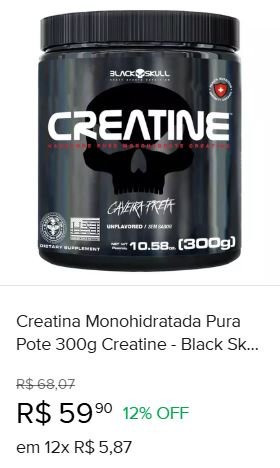 Creatina Monohidratada Pura Pote 300g Creatine - Black Skull Sabor Sem Sabor