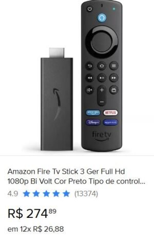 Amazon Fire Tv Stick 3 Ger Full Hd 1080p Bi Volt Cor Preto Tipo de controle remoto De voz Alexa