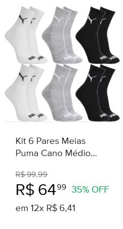 Kit 6 Pares Meias Puma Cano Médio Masculino Adulto Original