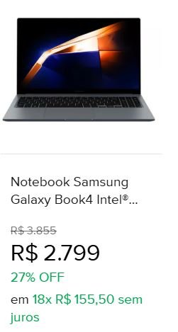 Notebook Samsung Galaxy Book4 Intel® U300 (1.20 Ghz, até 4.4GHz, 8 MB L3 Cache), Windows 11 Home, 8GB, 256GB SSD, UHD Graphics, 15.6'' Full HD LED, 1.55kg